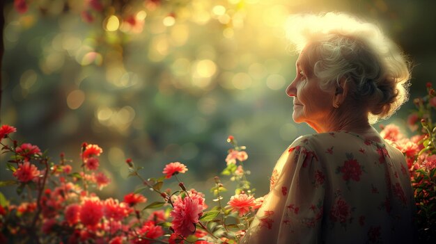 Serenità dell'ora d'oro con una donna anziana nel giardino in fiore