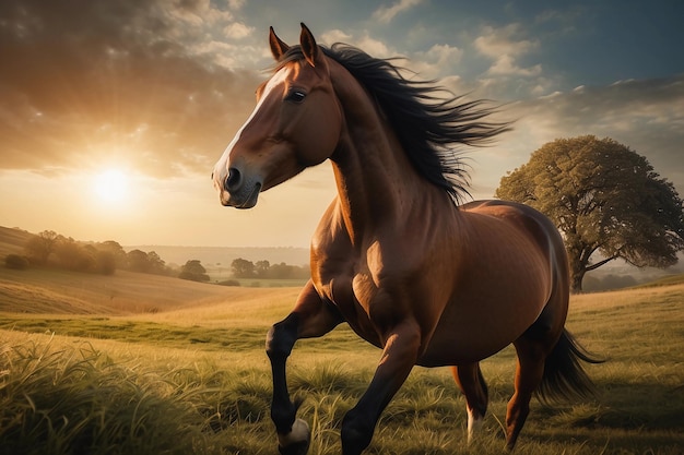 Serenità di campagna Maestoso cavallo al galoppo nel bagliore del tramonto