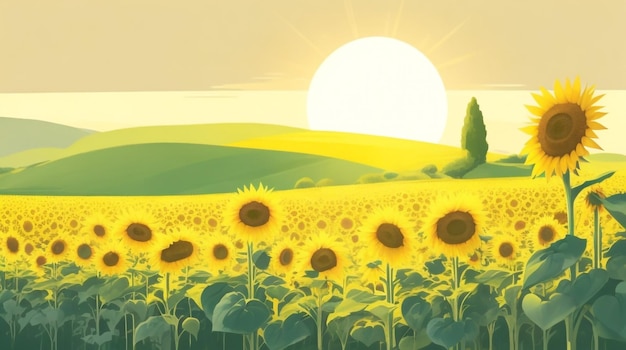 Serenità illuminata dal sole Disegno del campo di girasoli nella collina italiana all'ora d'oro