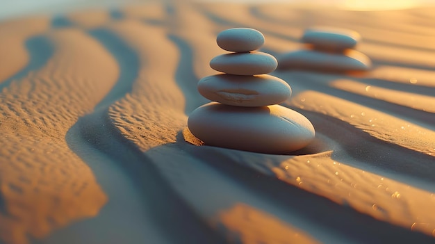Serenità in natura pietre zen in equilibrio sulla sabbia ondulata al tramonto un simbolo di armonia e equilibrio pace calma immagine perfetta per il rilassamento e la consapevolezza AI