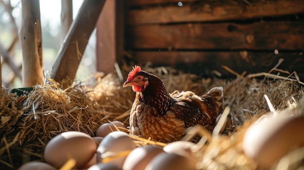 Serenità in un nido Una gallina maestosa inghiottita in un letto di fieno annidata accanto alle sue preziose uova