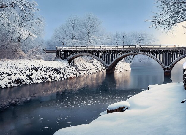 Serenità invernale Un ponte su un fiume innevato e tranquillo