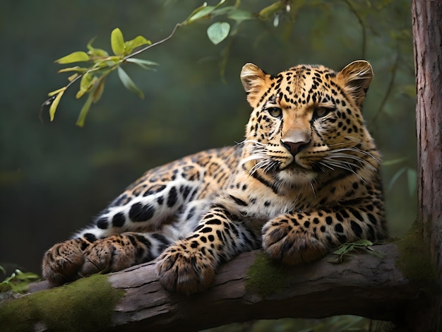 Serenità nella natura selvaggia Il leopardo dell'Amur riposa su un ramo