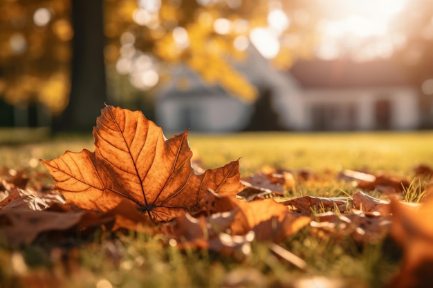 Serenità nella natura Un primo piano delle foglie marroni autunnali che adornano un giardino illuminato dal sole