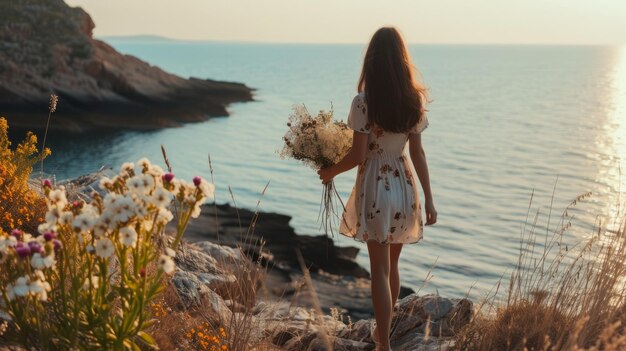 Serenità sul mare abbracciando l'estate tranquillità con una bellezza bruna