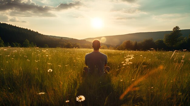 Serenity at Sunset Content Man Relaxing in a Meadow Ideal for Inspirational and Relaxation Concepts