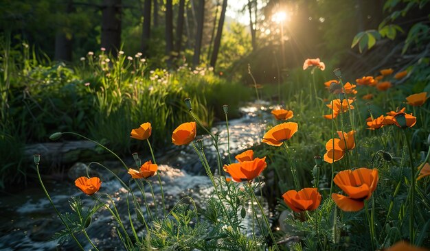 Sereno campo di papaveri lungo il fiume al tramonto