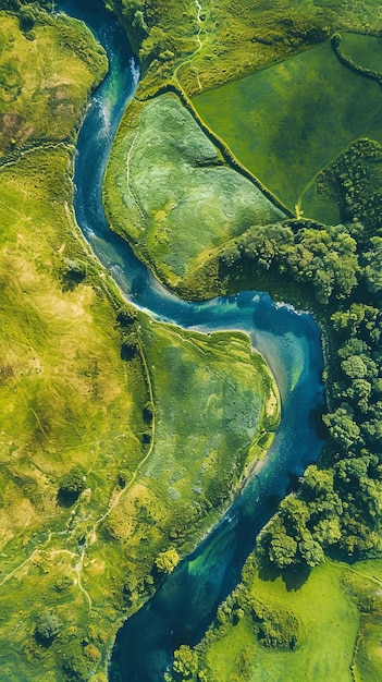 Sereno fiume che scorre attraverso la lussureggiante campagna verde