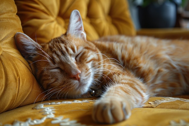 Sereno gatto arancione che si addormenta sul divano giallo illuminato dal sole