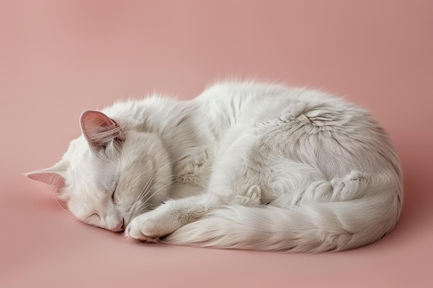 Sereno gatto bianco che dorme tranquillamente su uno sfondo rosa morbido Perfetto animale domestico rilassamento e conforto