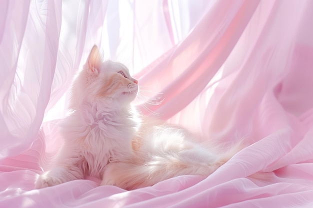 Sereno gatto di colore crema sdraiato su un morbido drappeggio rosa bagnato da una leggera luce solare