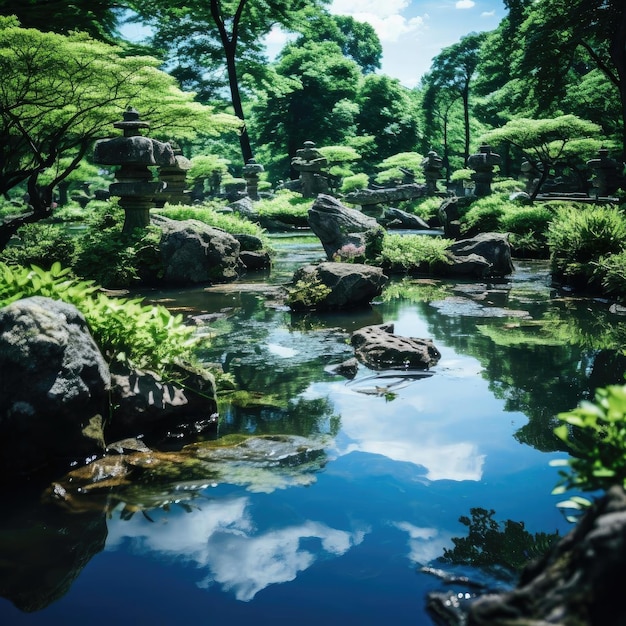Sereno giardino giapponese con rocce e acqua riflesse in colori vivaci