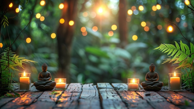 Sereno giardino Zen con Buddha e candele al crepuscolo