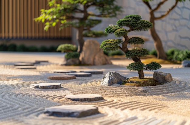 Sereno giardino zen giapponese con bonsai e sabbia rastrellata