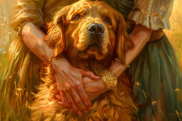 Sereno Golden Retriever abbracciato da una persona in una scena pastorale di sole