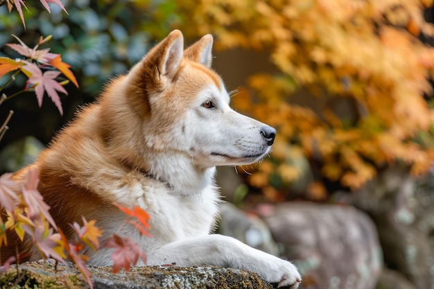 Sereno Husky che si riposa su una roccia contro colorate foglie d'autunno sullo sfondo