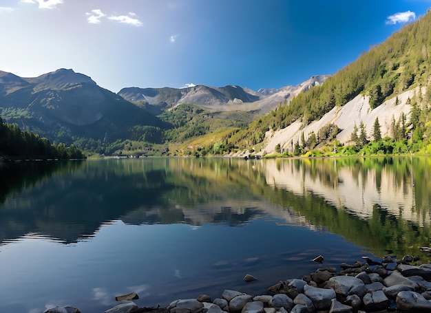 Sereno lago di montagna con acqua cristallina che riflette le cime circostanti e un'atmosfera pacifica