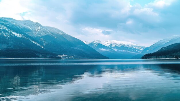 Sereno lago di montagna con cime innevate