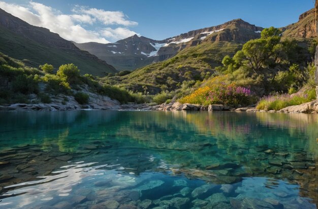 Sereno lago di montagna con una cascata sullo sfondo