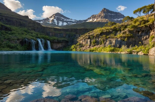 Sereno lago di montagna con una cascata sullo sfondo