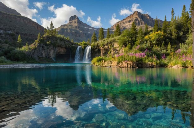 Sereno lago di montagna con una cascata sullo sfondo