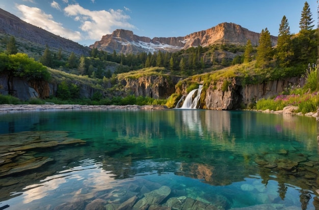 Sereno lago di montagna con una cascata sullo sfondo