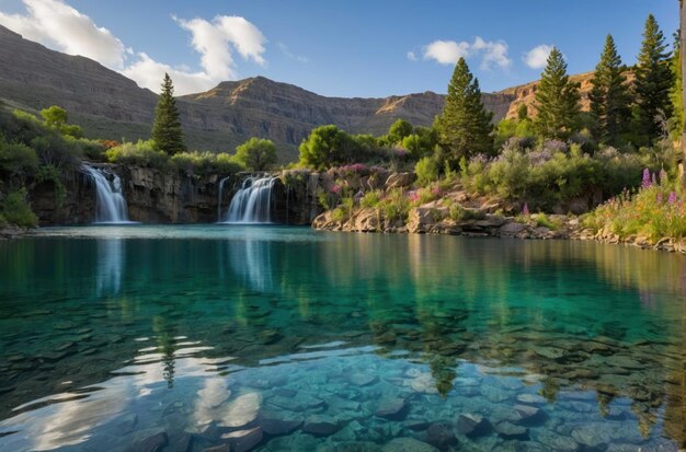 Sereno lago di montagna con una cascata sullo sfondo