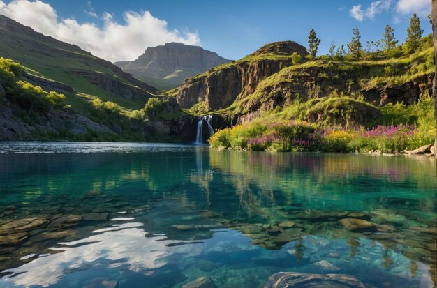 Sereno lago di montagna con una cascata sullo sfondo