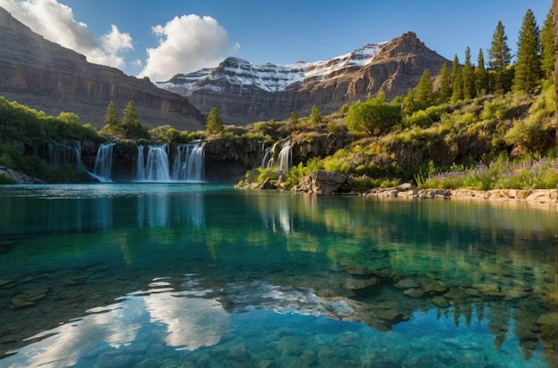 Sereno lago di montagna con una cascata sullo sfondo