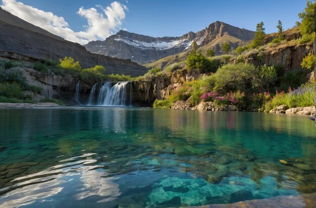 Sereno lago di montagna con una cascata sullo sfondo