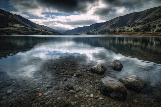 Sereno lago di montagna sotto un cielo nuvoloso IA generativa