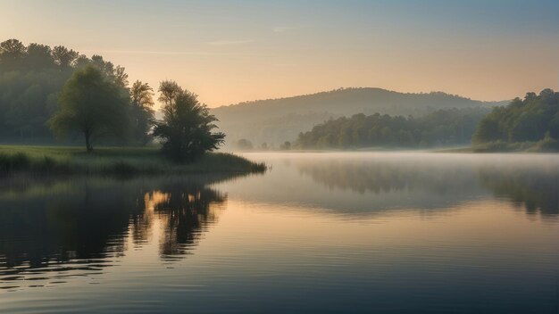 Sereno lago nebbioso all'alba con gli alberi