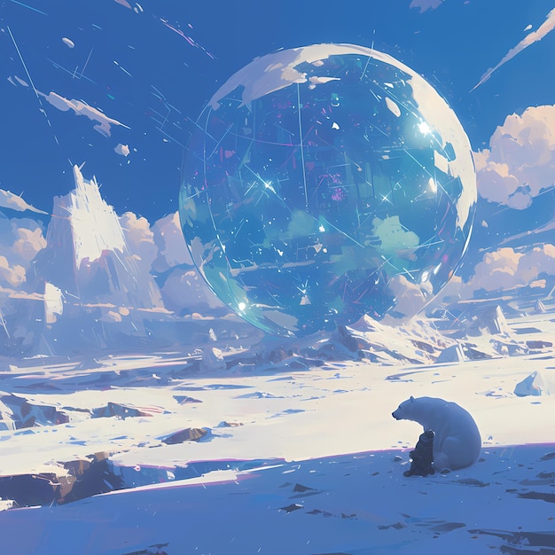 Sereno paesaggio artico con aurora e globo di cristallo