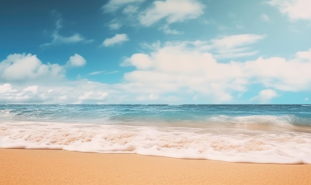 Sereno paesaggio balneare con dolci onde oceaniche di sabbia scintillante e un vasto cielo azzurro illuminato dal sole generativo AI