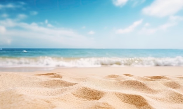 Sereno paesaggio balneare con dolci onde oceaniche di sabbia scintillante e un vasto cielo azzurro illuminato dal sole