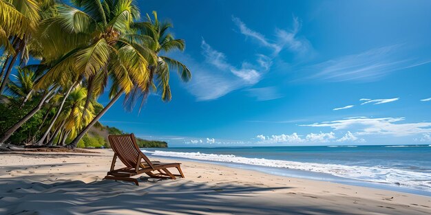 Sereno paradiso di spiaggia tropicale con un singolo lettino cielo blu limpido e idilliache palme concetto di relax e vacanza AI