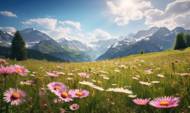 Sereno prato alpino pieno di vivaci margherite rosa incorniciate da montagne innevate e un cielo blu limpido Ideale per viaggi in natura e temi di benessere Creato con strumenti generativi di AI