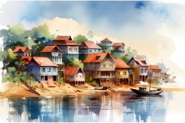 Sereno quartiere in riva al lago con case colorate e barche IA generativa