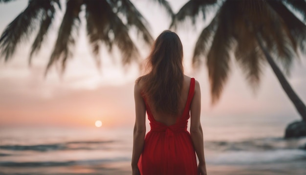 Sereno retrospettivo della donna in rosso sulla spiaggia tropicale