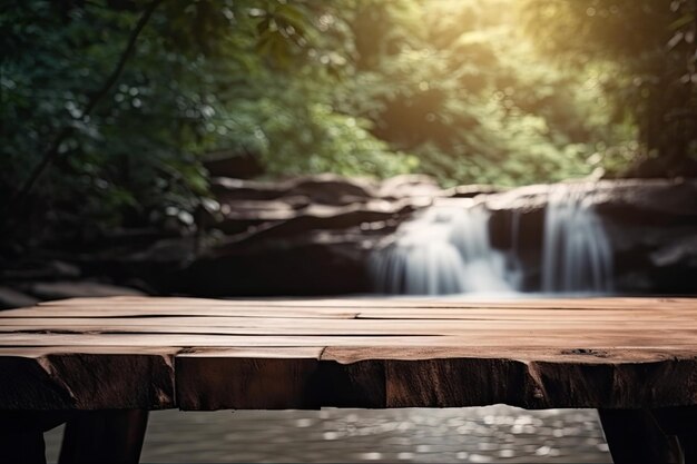 Sereno tavolo in legno con una splendida cascata sullo sfondo IA generativa
