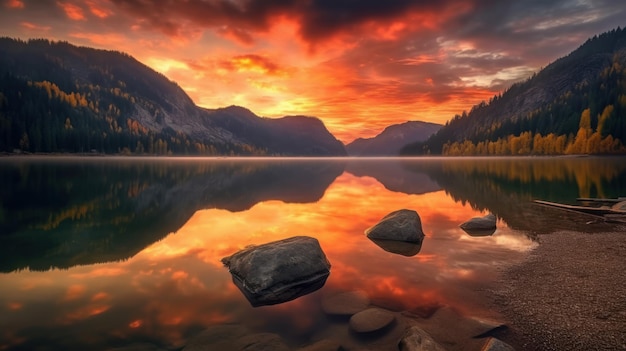 Sereno tramonto riflesso sul lago di montagna