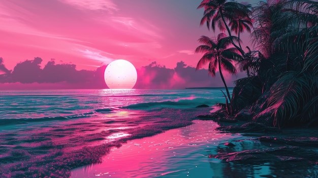 Sereno tramonto rosa e blu con palme