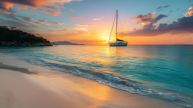Sereno tramonto su una spiaggia tropicale con uno solo yacht ancorato pacifica vista sull'oceano per viaggi e svago scena di paesaggio marino senza tempo con colori vivaci ideale per manifesti e sfondi AI