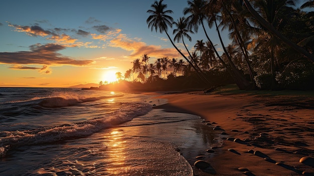 Sereno tramonto sulla spiaggia orario d'oro illuminando le onde morbide che rotolano dolcemente sulla riva le palme in silhouette