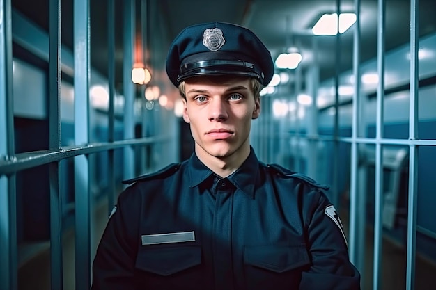 Seria guardia donna in uniforme di polizia al penitenziario statale AI generativa