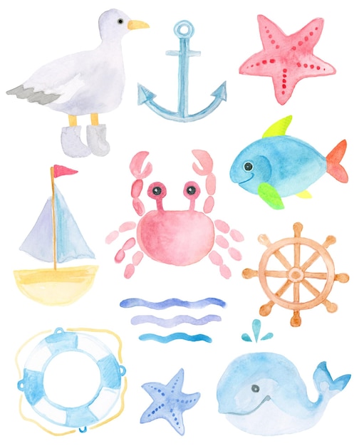 Serie di disegni di animali marini alghe e coralli su sfondo bianco