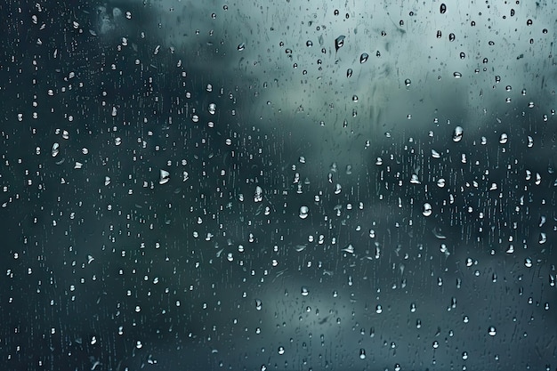 Serie di gocce di pioggia su vetro scuro di varie dimensioni piccole medie grandi vista orizzontale