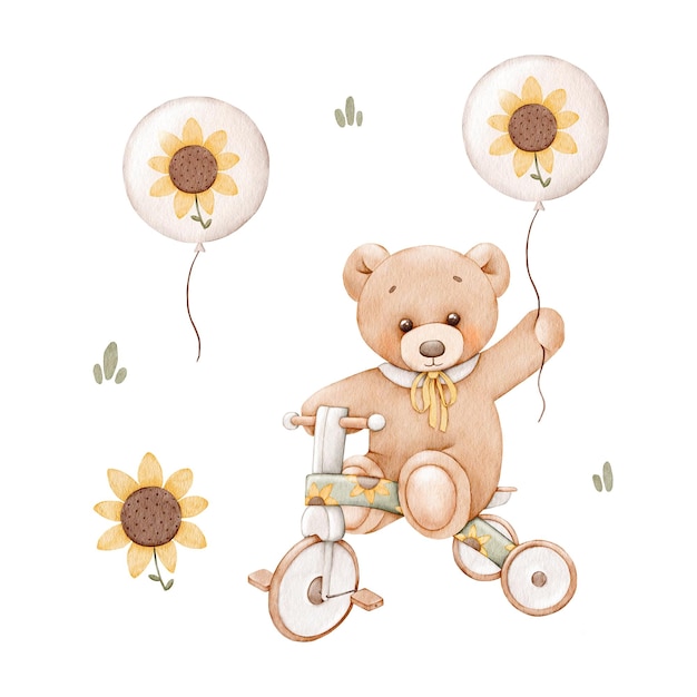 Serie di illustrazioni ad acquerello Un simpatico orsacchiotto è seduto su una bicicletta Può essere utilizzato per baby shower o poster per bambini Con sfondo bianco isolato