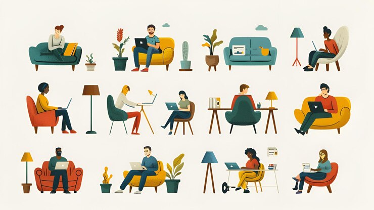 Foto serie di illustrazioni che mostrano persone che lavorano a casa in vari ambienti con stile semplice