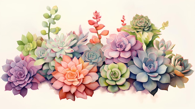 serie di piante succulente ad acquerello su sfondo bianco illustrazione botanica